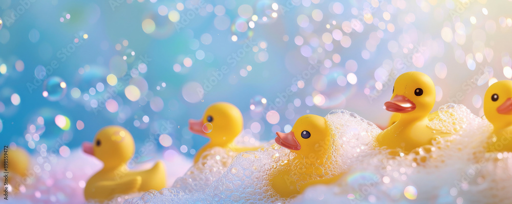 A background featuring a cascade of yellow rubber ducks floating in soapy bubbles on a soft pastel background. A background featuring a cascade of yellow rubber ducks floating in soapy bubbles on a soft pastel background.