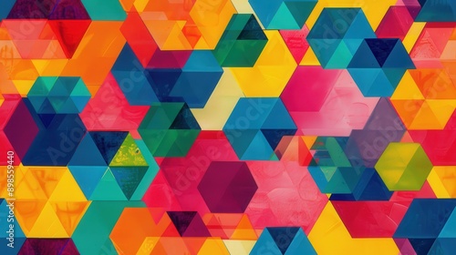 A vibrant geometric pattern featuring overlapping hexagons, triangles, and squares in a variety of colors, including blue, green, red, yellow, and purple