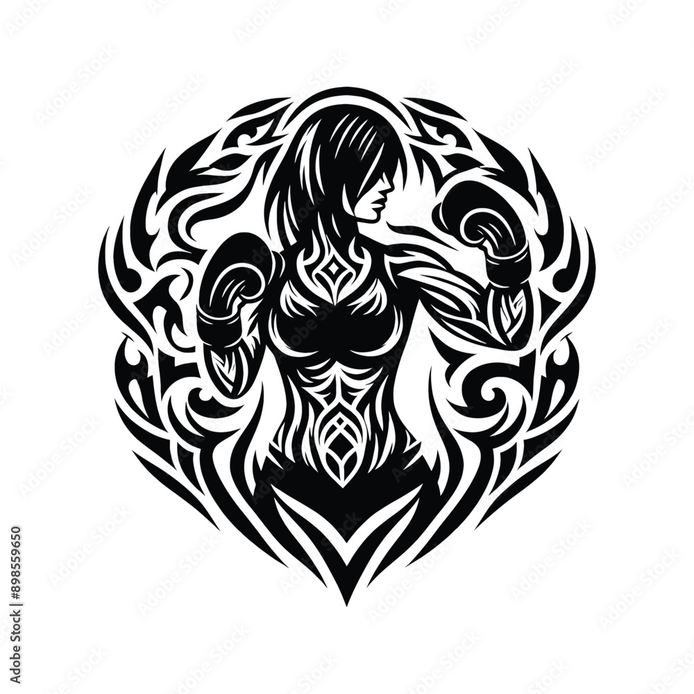 Boxing, Kickboxing female player in ethnic tribal pattern illustration, emblem shield badge Boxing, Kickboxing female player in ethnic tribal pattern illustration, emblem shield badge