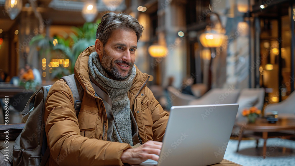 Business traveler checking emails on a laptop in a comfortable hotel lobby, work and leisure, Business traveler checking emails on a laptop in a comfortable hotel lobby, work and leisure,