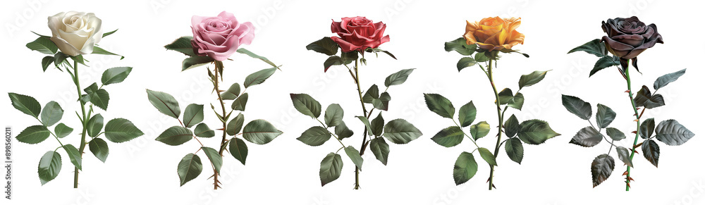 Set of blossoming roses in different colors displayed on a transparent background, showcasing white, pink, red, yellow, and black purple blooms.For designing cards, websites, posters, illustrations Set of blossoming roses in different colors displayed on a transparent background, showcasing white, pink, red, yellow, and black purple blooms.For designing cards, websites, posters, illustrations