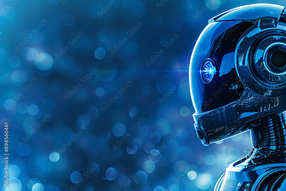 A blue robot representing the future world of technology and innovation, with space for text. A blue robot representing the future world of technology and innovation, with space for text.