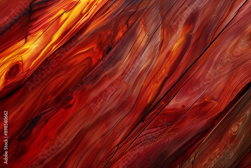 Close-Up of Vibrant Red and Orange Wood Texture with Swirling Grain Patterns
