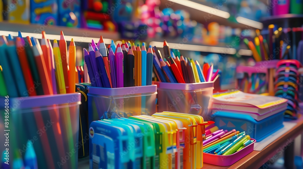 A colorful array of pens and pencils in a store. The brightly colored writing tools are arranged in clear plastic containers, ready for purchase. A colorful array of pens and pencils in a store. The brightly colored writing tools are arranged in clear plastic containers, ready for purchase.