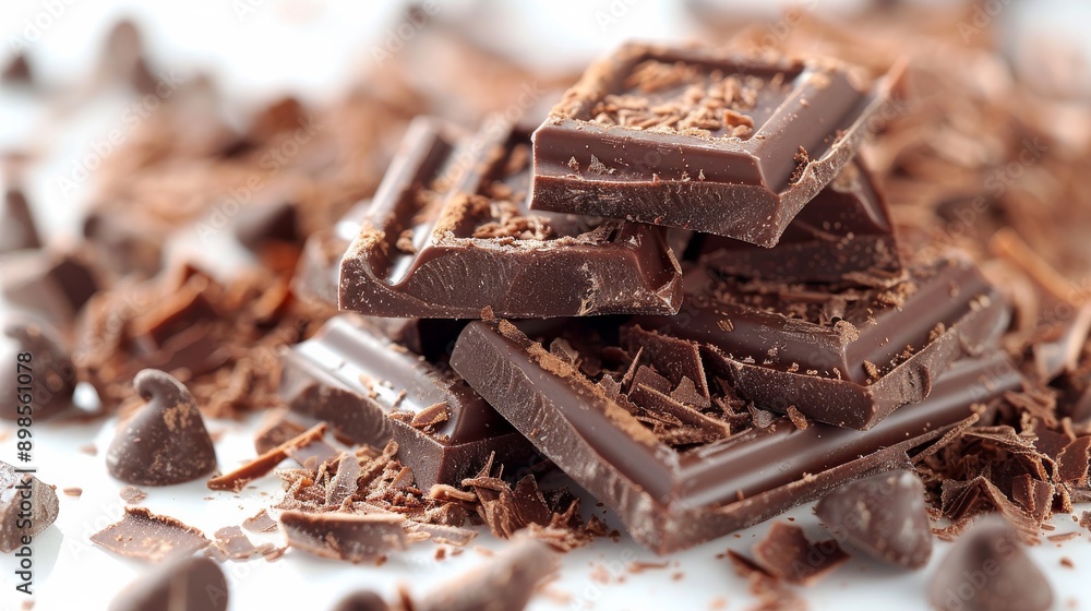 Close up view of delicious dark chocolate pieces covered in chocolate shavings Close up view of delicious dark chocolate pieces covered in chocolate shavings