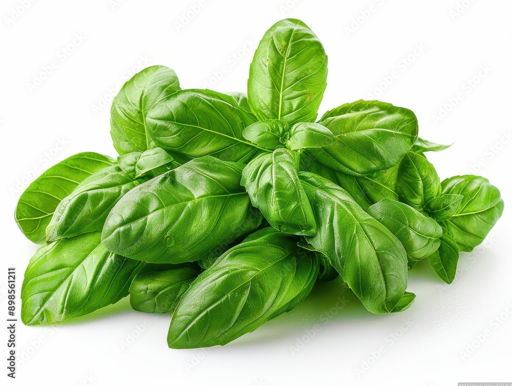 Fresh Basil Leaves Arrangement on White Background for Culinary Concepts Fresh Basil Leaves Arrangement on White Background for Culinary Concepts