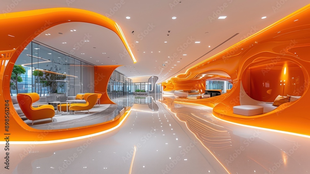 Futuristic and Vibrant Orange-Themed Lobby Interior Design Futuristic and Vibrant Orange-Themed Lobby Interior Design
