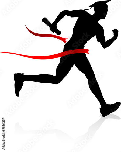 A graduate student man running a sprint to an academic finish line concept