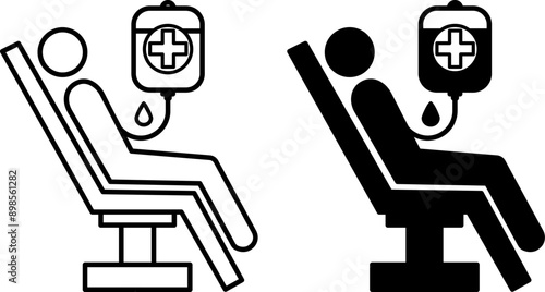Blood Transfusion Icons. Black and White Vector Icons. A Person Is Getting Blood Transfusion. Blood Donation, Donor Day. Health and Medicine Concept