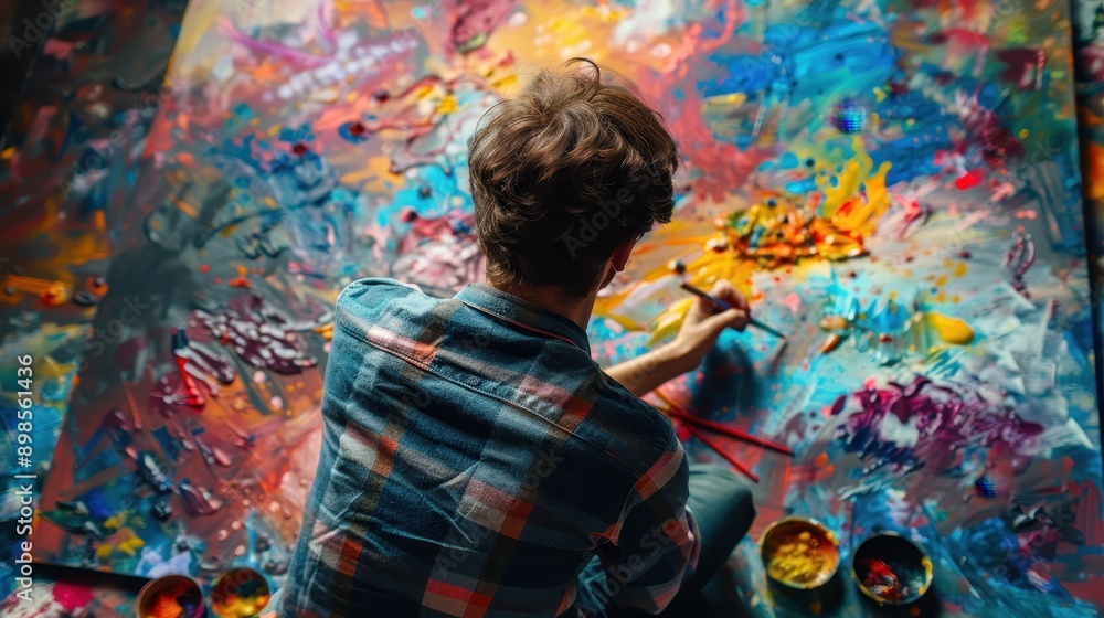 Unleashing Creative Passion - Artist Sketching on a Vibrant Canvas Surrounded by Paint Splashes and Artistic Tools Unleashing Creative Passion - Artist Sketching on a Vibrant Canvas Surrounded by Paint Splashes and Artistic Tools