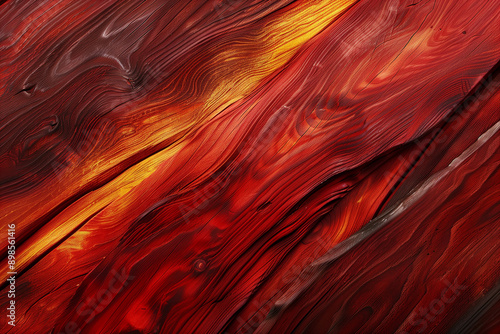 Close-Up of Vibrant Red and Yellow Wood Texture with Swirling Grain Patterns
