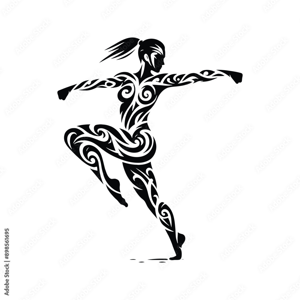 kungfu, Tai Chi female player in ethnic tribal pattern illustration, emblem shield badge kungfu, Tai Chi female player in ethnic tribal pattern illustration, emblem shield badge