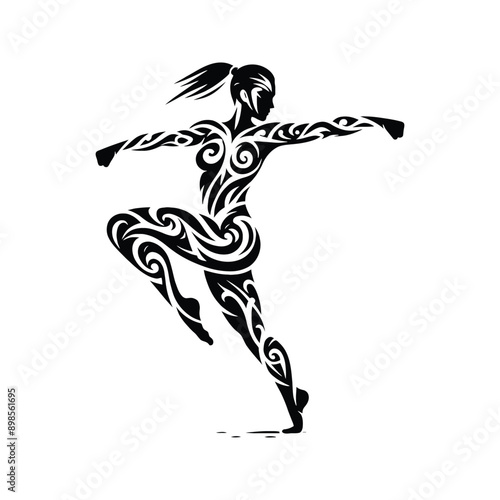 kungfu, Tai Chi  female player in ethnic tribal pattern illustration, emblem shield badge