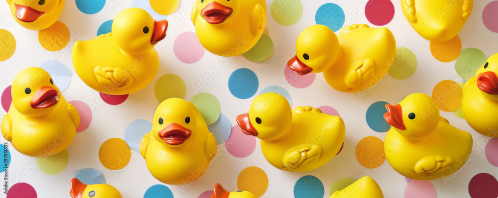 A vibrant background filled with yellow rubber ducks, each with different expressions, set against a colorful polka dot background. A vibrant background filled with yellow rubber ducks, each with different expressions, set against a colorful polka dot background.