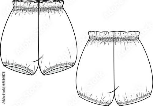 BABY INFANT AND TODDLER BOTTOM WEAR BLOOMER FRONT AND BACK FLAT SKETCH ILLUSTRATION VECTOR