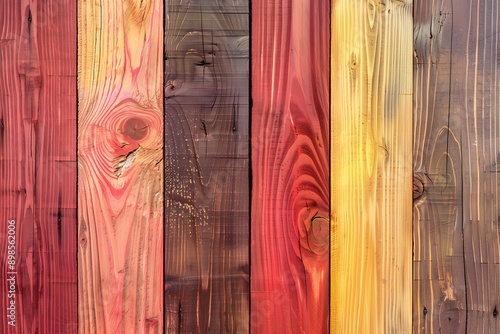 Colorful Wooden Planks with Natural Grain Patterns in Red, Brown, and Yellow
