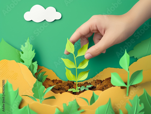 Paper cut art style of hand planting sprout into soil hole. Eecology and nature concept.  photo