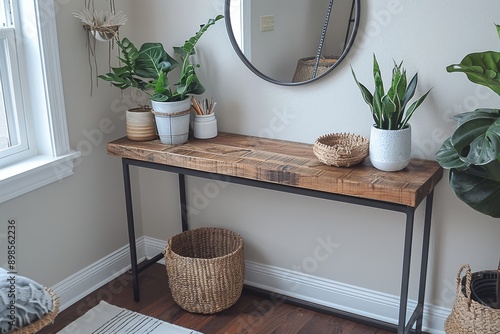 Minimalist entryway with a console table, mirror, round black framed mirror, metal shelf with basket, grey wooden top, white striped rug, and boho style decor. photo