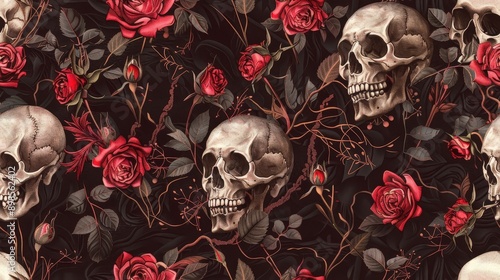 A gothic pattern displays intricately designed skulls surrounded by vibrant red roses and dark, twisting vines