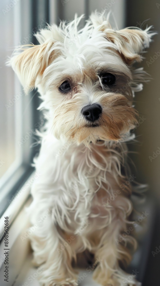 A small white dog sits by a window, looking out with a thoughtful expression A small white dog sits by a window, looking out with a thoughtful expression