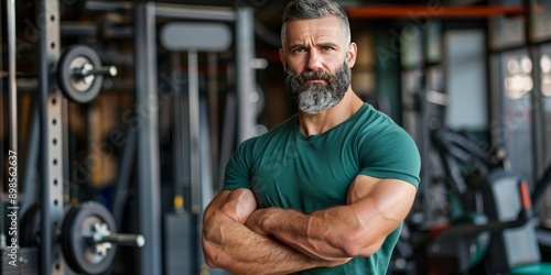 Confident Mature Man with a Beard Exuding Strength in a Modern Gym: A Portrait of Fitness and Well-being