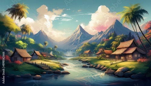 illustration of a tropical mountain village landscape for a postcard