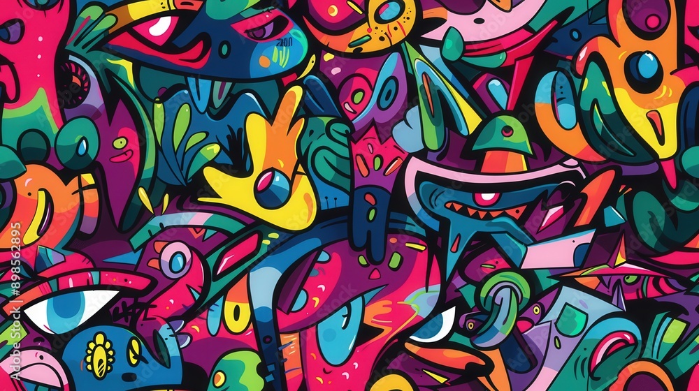 A captivating display of vivid graffiti and street art elements fills the walls, capturing the creativity of urban artists in a lively atmosphere A captivating display of vivid graffiti and street art elements fills the walls, capturing the creativity of urban artists in a lively atmosphere
