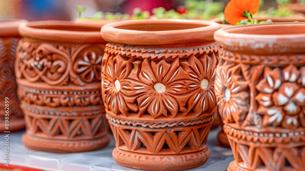 Intricate Terracotta Pot Pattern: Close-Up of Stunning Design in Neutral Tones Intricate Terracotta Pot Pattern: Close-Up of Stunning Design in Neutral Tones