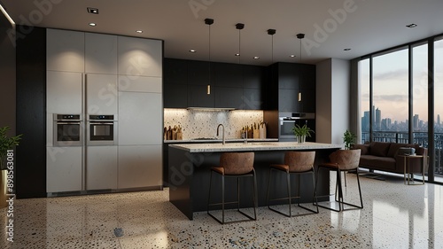 Modern style luxury interior with city view 3d render, There are terrazzo floor decorated wall with hidden light