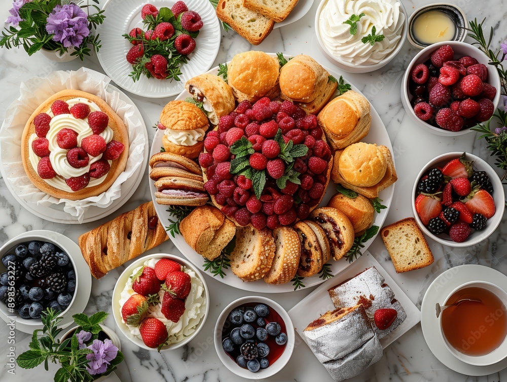 Elegant High Tea Spread with Finger Sandwiches, Scones, and Pastries from Above Elegant High Tea Spread with Finger Sandwiches, Scones, and Pastries from Above