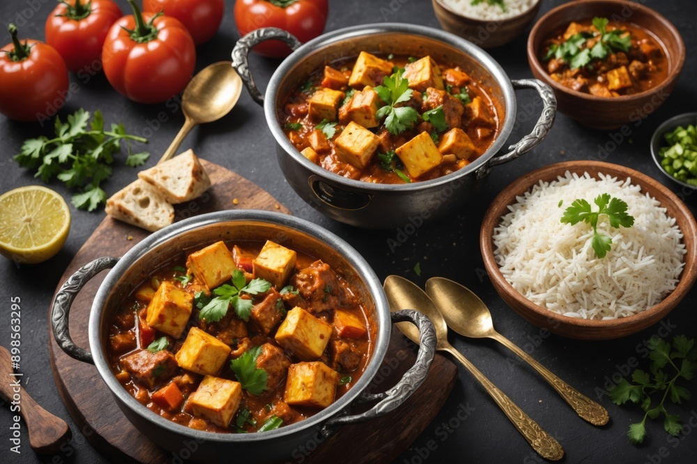 Hot madras paneer and vegetable masala with basmati rice served in original indian karahi pots. Hot madras paneer and vegetable masala with basmati rice served in original indian karahi pots.