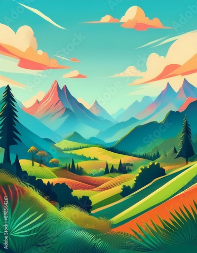 European mountain landscape flat art design for a postcard