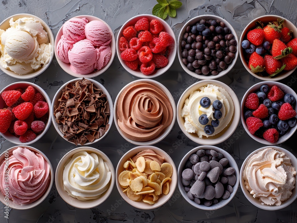 Delicious Ice Cream Sundae Bar with Assorted Toppings in Bowls - Top-Down View Delicious Ice Cream Sundae Bar with Assorted Toppings in Bowls - Top-Down View