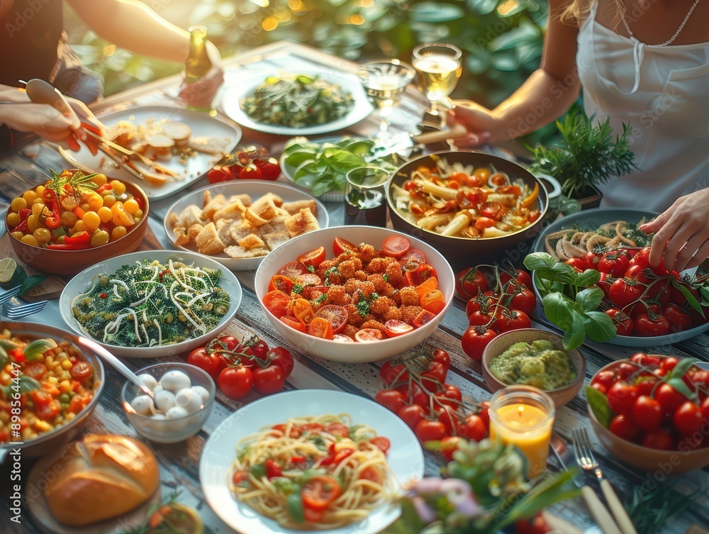 Happy Family Enjoying Dinner Together with a Variety of Delicious Dishes on the Table Happy Family Enjoying Dinner Together with a Variety of Delicious Dishes on the Table