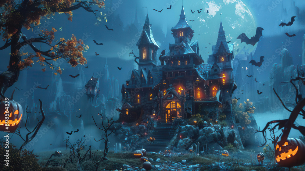 A 3D cartoon haunted castle with bats A 3D cartoon haunted castle with bats