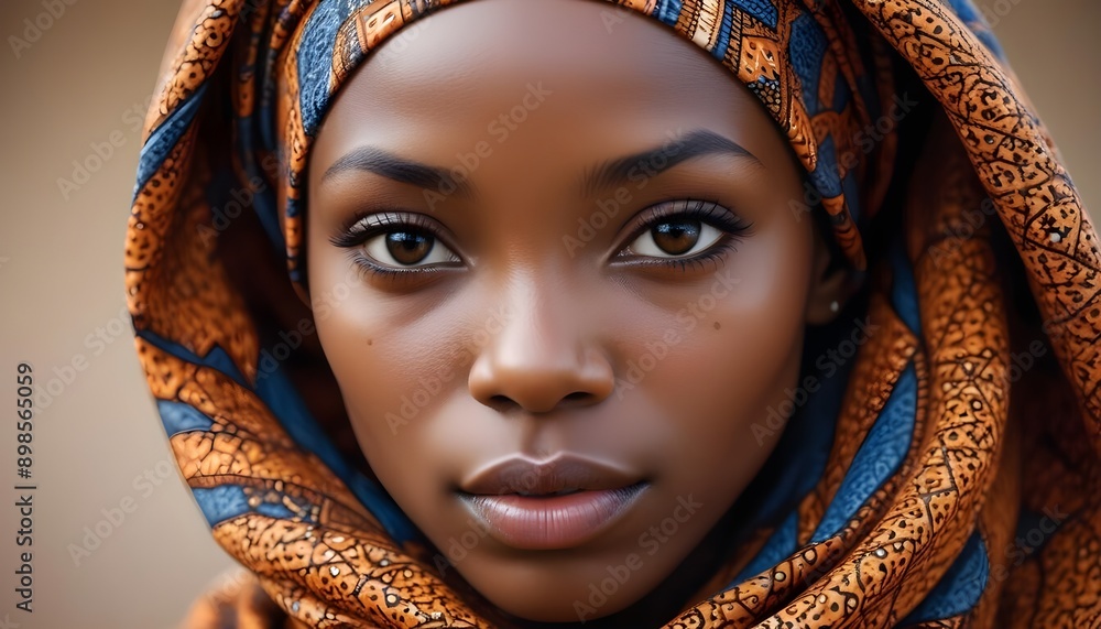 A proud, beautiful African woman with glowing, dark skin and an elegant, traditional headscarf in a bold, eye-catching design A proud, beautiful African woman with glowing, dark skin and an elegant, traditional headscarf in a bold, eye-catching design
