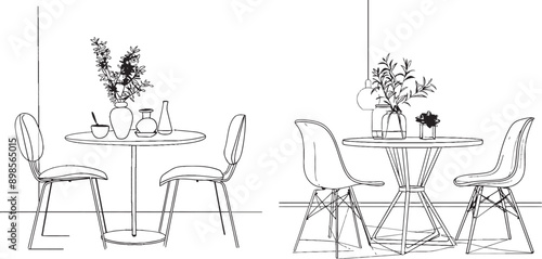 Modern illustration of a dining table and chairs in continuous line art style. Black linear sketch of dining room furniture isolated on white.