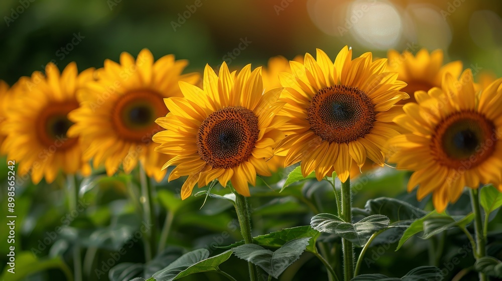 Obraz premium Sunny field of tall sunflowers in full bloom, adding happiness to the rural landscape. Vibrant colors and natural beauty capture the essence of countryside life