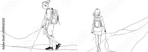 View line art of a mature woman bag calmly relaxing alone during vacation.