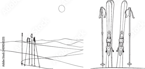 Modern illustration of skis and ski poles in continuous one-line strokes.