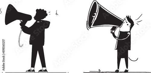 Arabian businessman carrying heavy megaphone. Problems in communication. Bullying, harassment at work, at home. Modern graphic illustration with single line design.