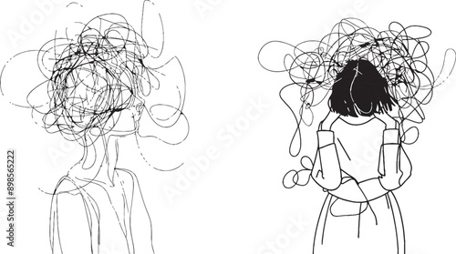 Various line drawings of a frustrated businesswoman carrying a messy line on her back. The woman is anxious from work difficulties, overloads, and economic crisis problems. Line drawing design with.