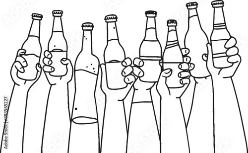 Hands holding beer bottles. Continuous line drawing art. Modern illustration.