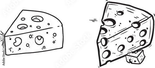 Hand-drawn illustration of cheese with holes in one line. Dairy, milk products.