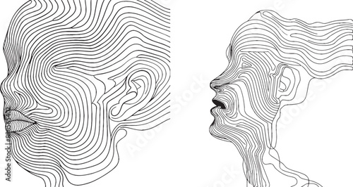 Line drawing of a head with a messy mind. Mental and psychological problems concept.
