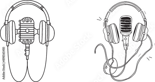 The concept of headphones and vintage microphone can be edited with a continuous line drawing.
