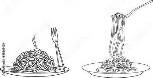 Single line illustration of pasta spaghetti noodles with forks isolated on white background.