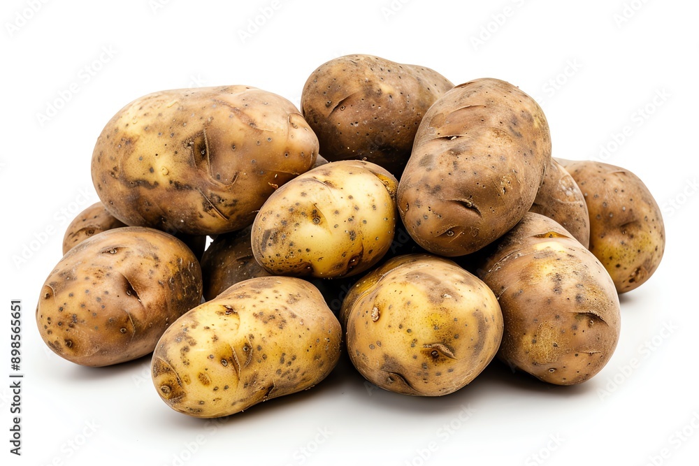 A pile of fresh, unwashed potatoes on a white background. Ideal for food, organic produce, and agricultural themes. A pile of fresh, unwashed potatoes on a white background. Ideal for food, organic produce, and agricultural themes.