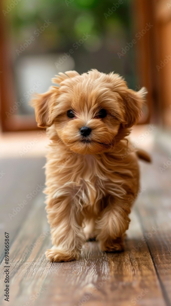 Golden pup with fluffy fur approaching camera, tongue out Golden pup with fluffy fur approaching camera, tongue out