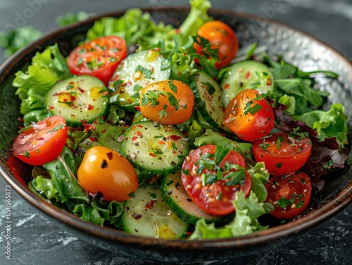 Fresh Mixed Green Salad with Cherry Tomatoes, Cucumbers, and Light Vinaigrette on Display